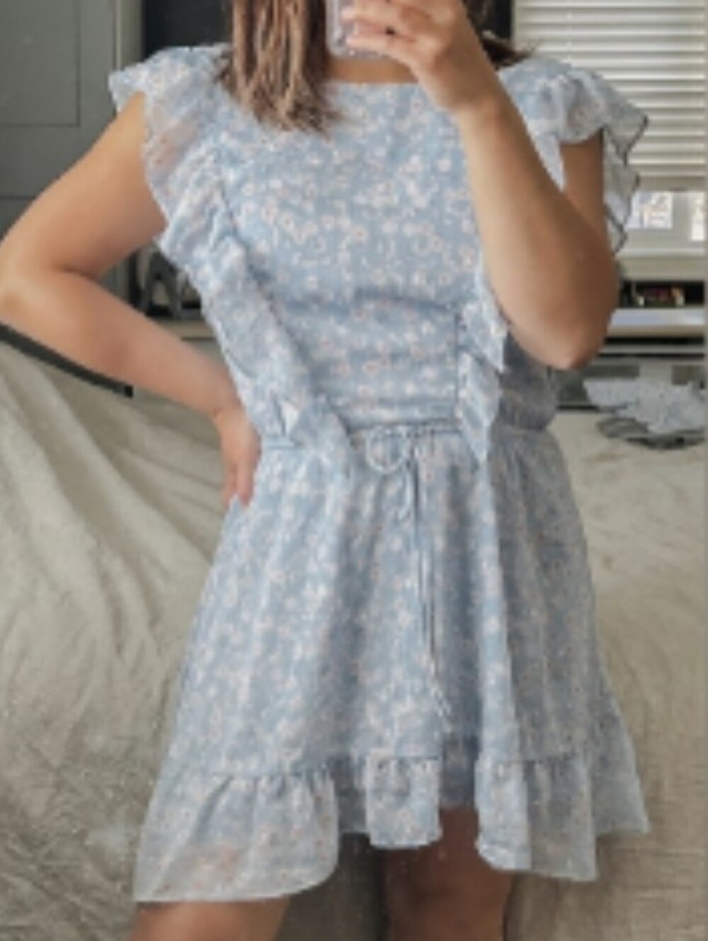 Light Blue Floral Ruffle Mini Dress